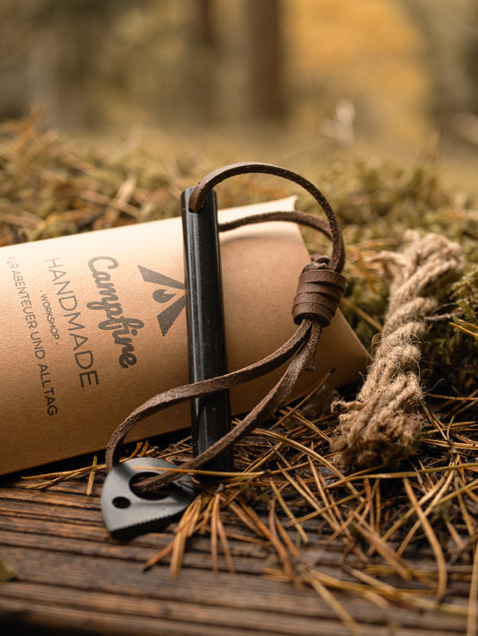 Plastikfreier Feuerstahl mit Lederband - bis zu 30.000 Zündungen - handgefertigt