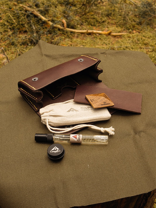Messer Schärf- und Pflegeset für unterwegs | Schärfstein | Pflegeöl | Abziehleder | Büffelledertasche | Messerschärfset