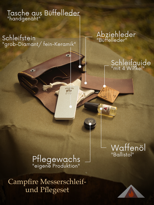Messer Schärf- und Pflegeset für unterwegs | Schärfstein | Pflegeöl | Abziehleder | Büffelledertasche | Messerschärfset